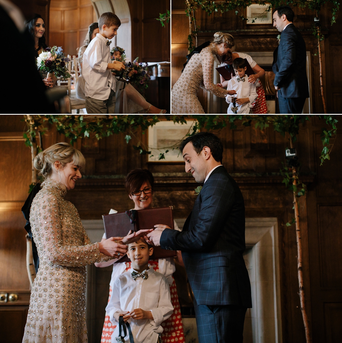 A bride in a gold, embellished Temperley London dress for her wedding at Rowallan Castle in Scotland. Images by Caro Weiss.