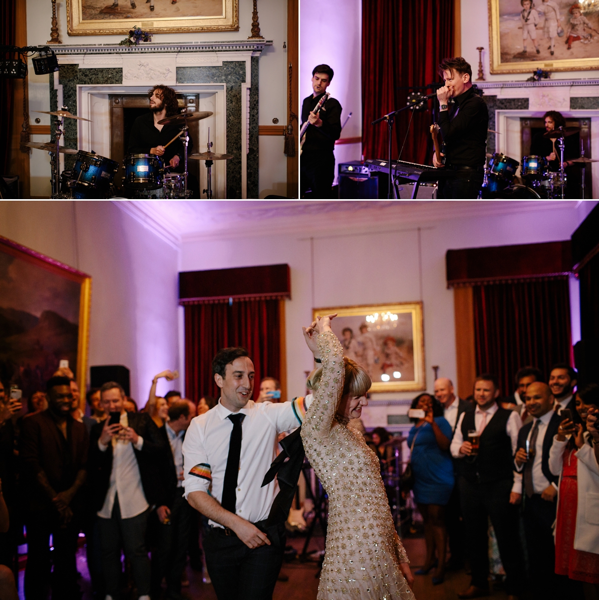 A bride in a gold, embellished Temperley London dress for her wedding at Rowallan Castle in Scotland. Images by Caro Weiss.