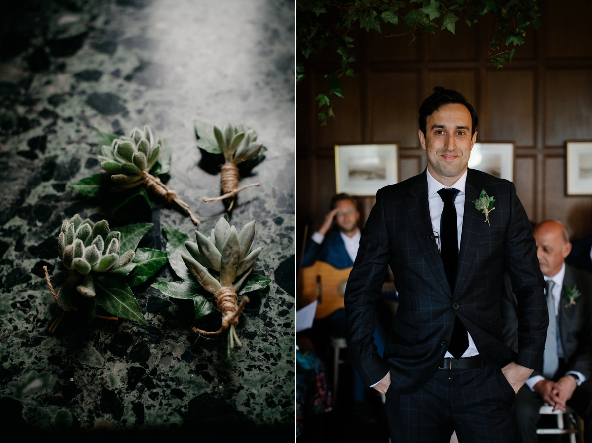 A bride in a gold, embellished Temperley London dress for her wedding at Rowallan Castle in Scotland. Images by Caro Weiss.