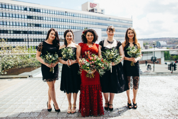 A Bride in Red for a Modern and Monochrome Urban Celebration