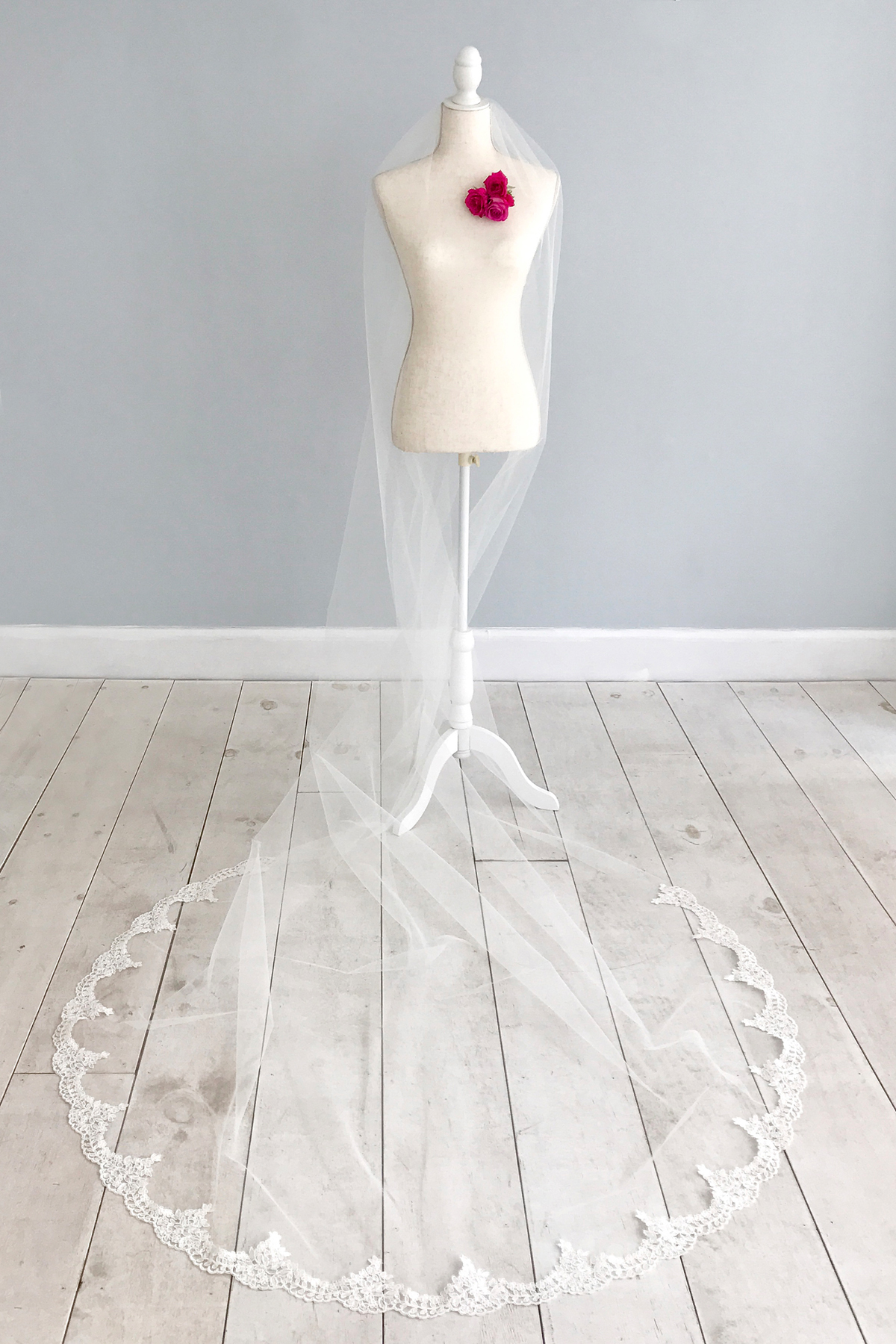 Veil with semi edge lace around train Poppy 2 - Handmade With Love – Bridal Accessories From Britten + Free Delivery On All Orders Veil with semi edge lace around train Poppy 2