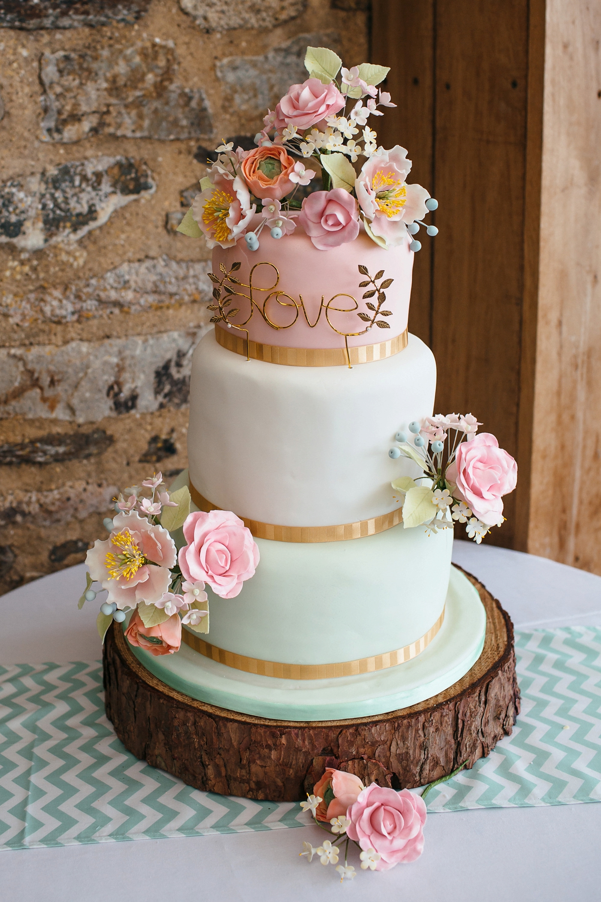 pronovias pink mint cornwall barn wedding 34