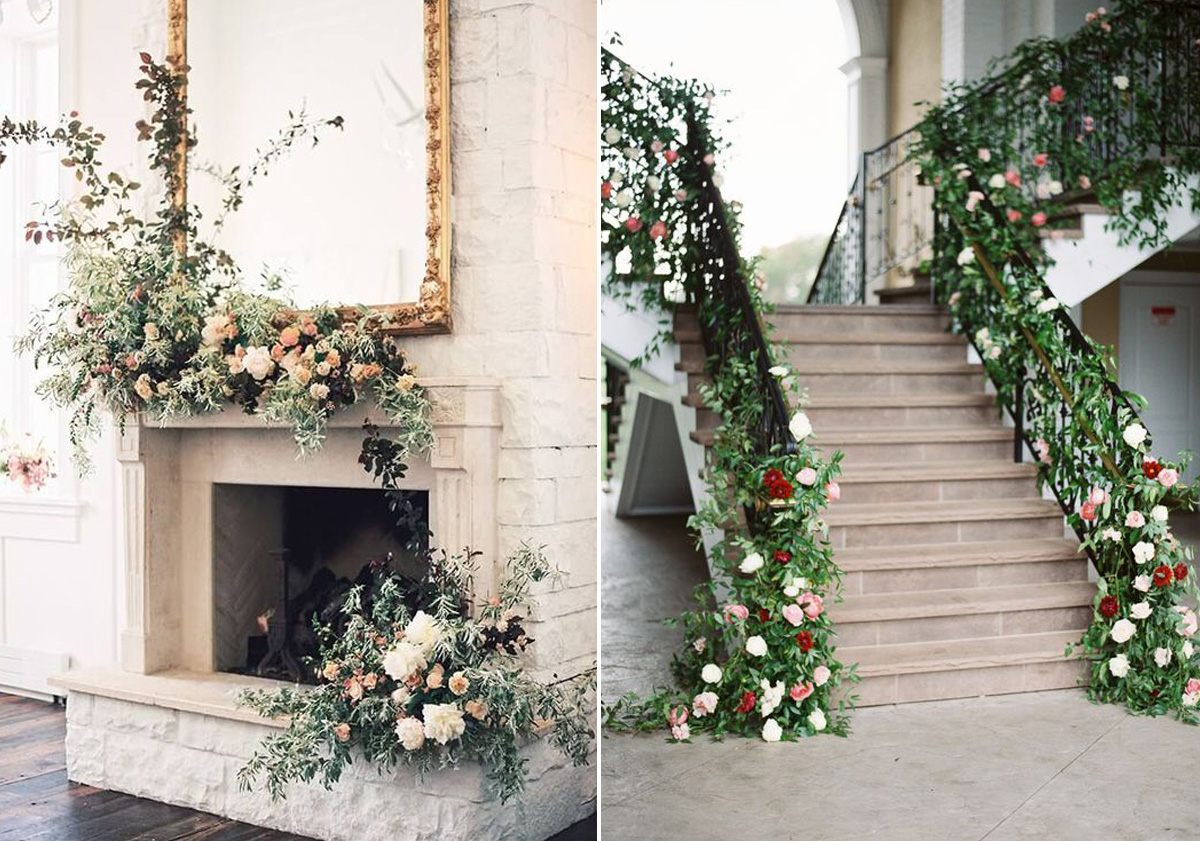 Wedding trends 2018 pocketful of dreams wedding planner bridalwear trends 2018 floral staircase flower fireplace