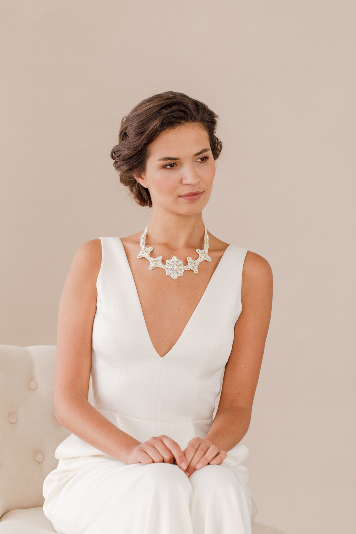Christy - opal crystal and pearl necklace. Dress by Charlie Brear