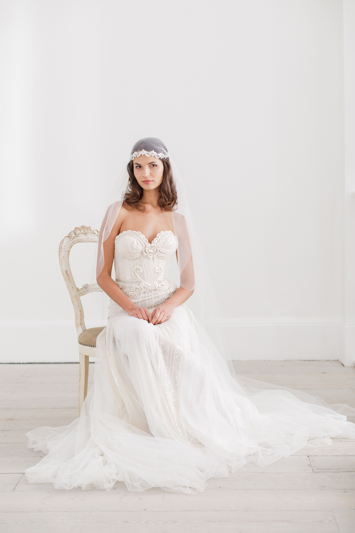 Mai crystal beaded Juliet cap veil. Dress by Inbal Dror at Morgan Davies