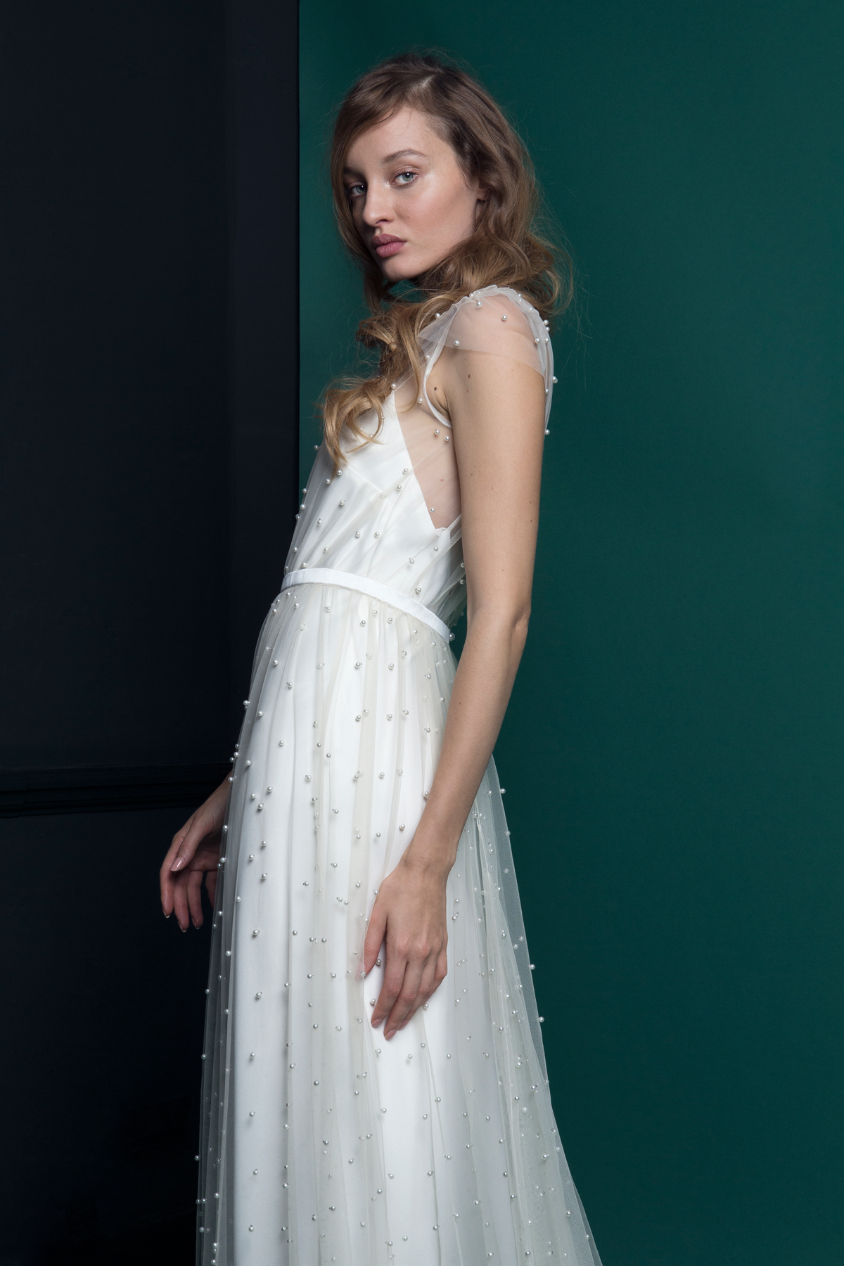 PEARL DRESS SIDE VIEW CLOSE UP - Introducing the Exquisite New Atlantis Collection by Halfpenny London PEARL DRESS SIDE VIEW CLOSE UP