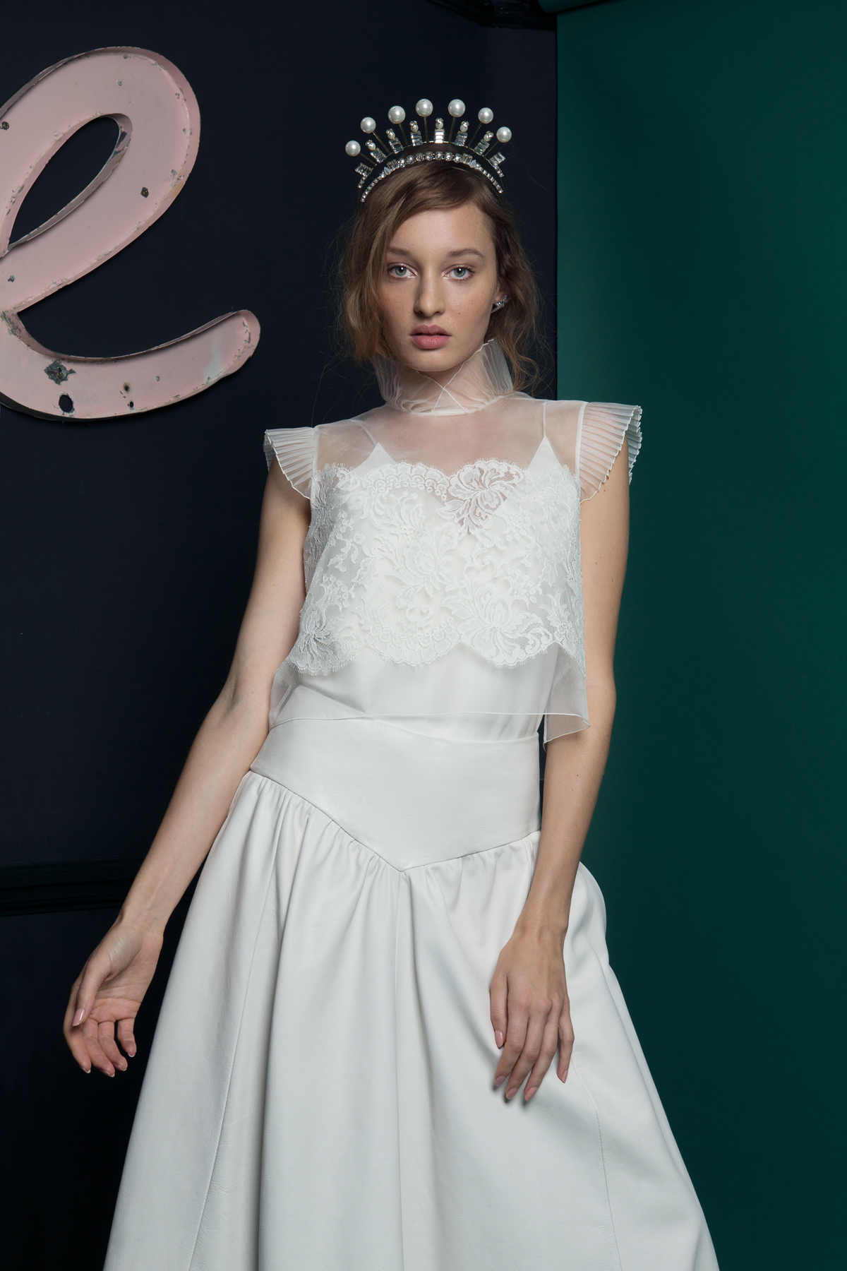 WREN LACE TOP WORN OVER LUKA LEATHER CAMISOLE SKIRT - Introducing the Exquisite New Atlantis Collection by Halfpenny London WREN LACE TOP WORN OVER LUKA LEATHER CAMISOLE SKIRT