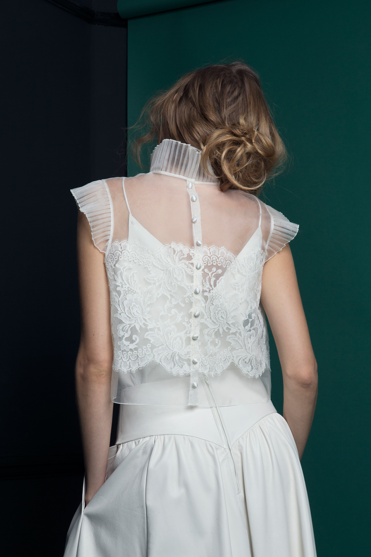 WREN LACE TOP WORN OVER LUKA LEATHER CAMISOLE SKIRT BACK VIEW - Introducing the Exquisite New Atlantis Collection by Halfpenny London WREN LACE TOP WORN OVER LUKA LEATHER CAMISOLE SKIRT BACK VIEW
