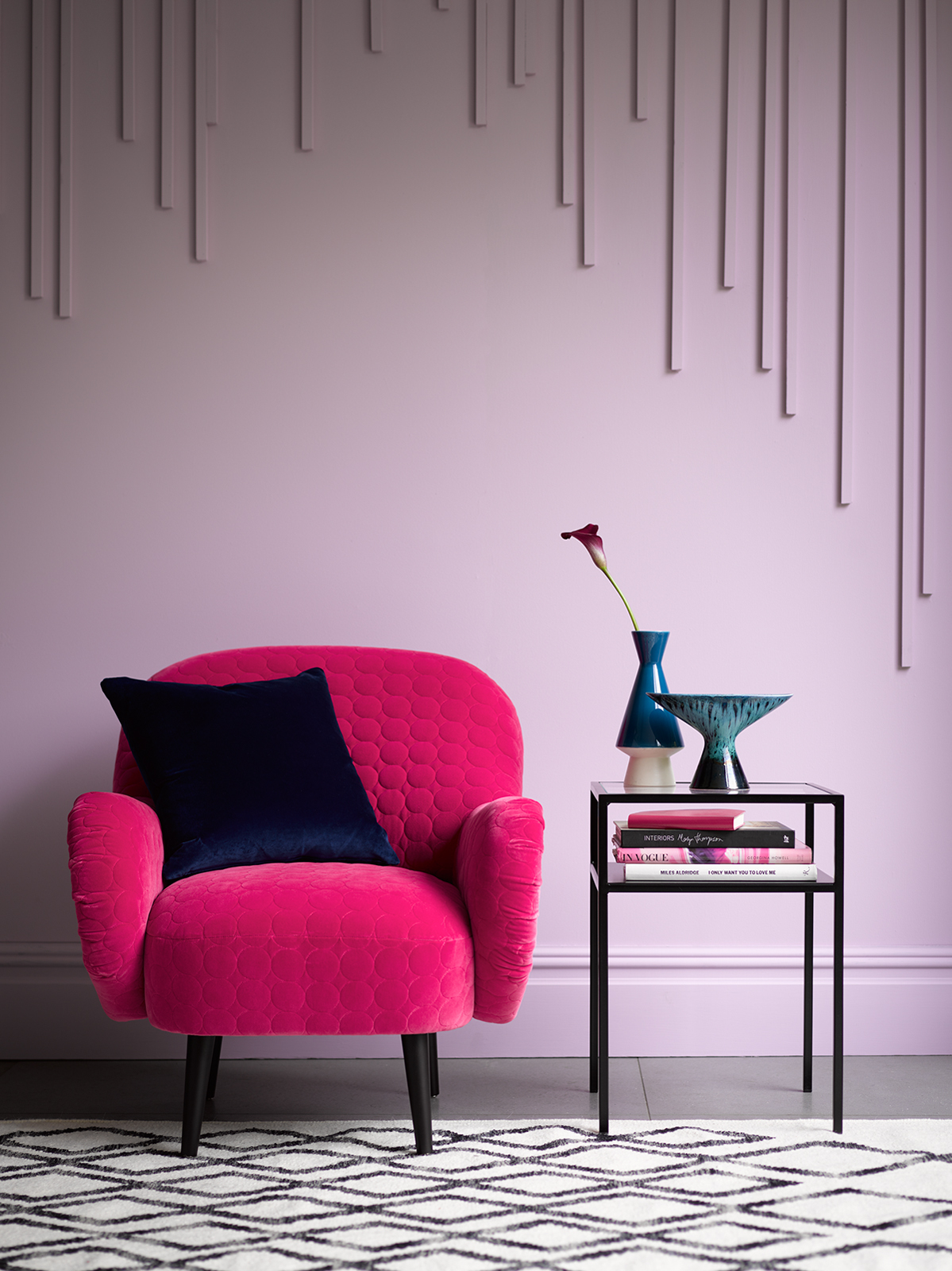 Percy Armchair in Quilted Velvet Fushia w.