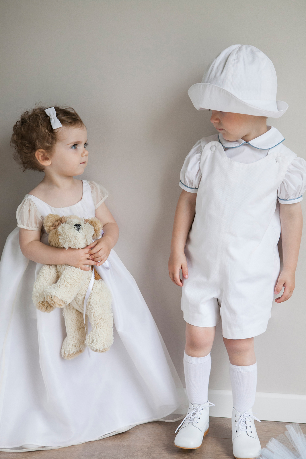 baby flower girl dress and christening dress silk organza and baby page boy outfits in white by French Uk designer Little Eglantine