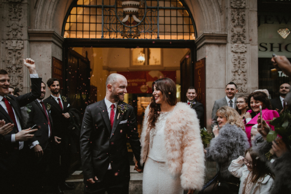 A Bespoke Dress and Beaded Cape for a Cool, Modern London Bride