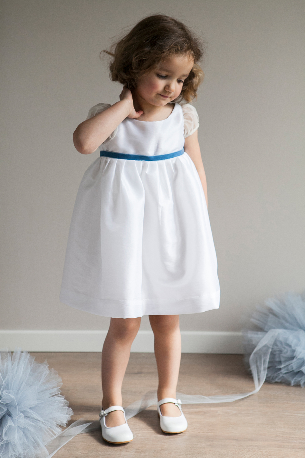 suzanne knee length flower girl dress party dress white sillk organza puff sleeves pale blue velvet ribbon designer little eglantine