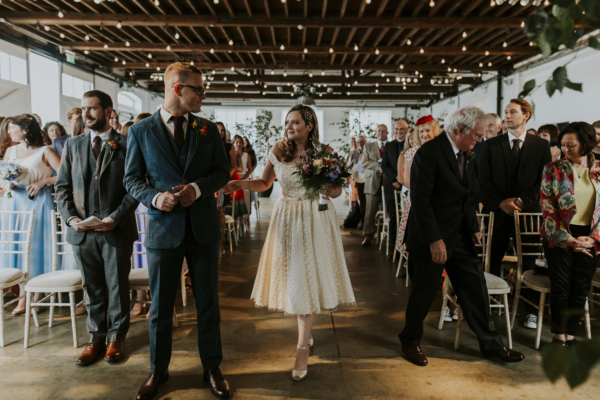 A 50’s Inspired Polka Dot Gown for a Fun, Industrial Inspired London Wedding