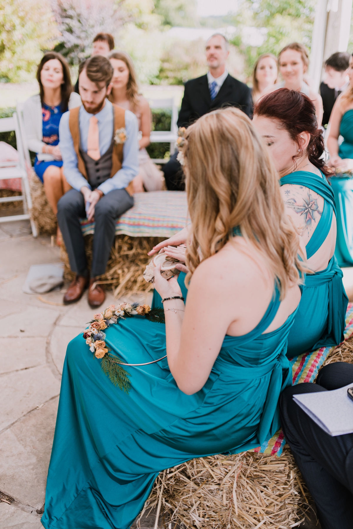 11 Bridesmaids in petrol blue multiway wedding dresses