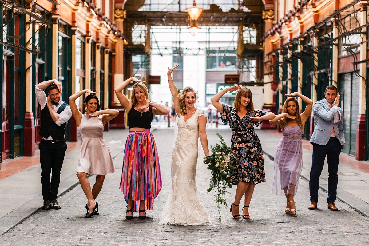 18 Bride in Sharon Hoey with her maids in mismatched outfits - A Sharon Hoey Dress and French Lace Veil for a Glamorous and Elegant City Wedding 18 Bride in Sharon Hoey with her maids in mismatched outfits