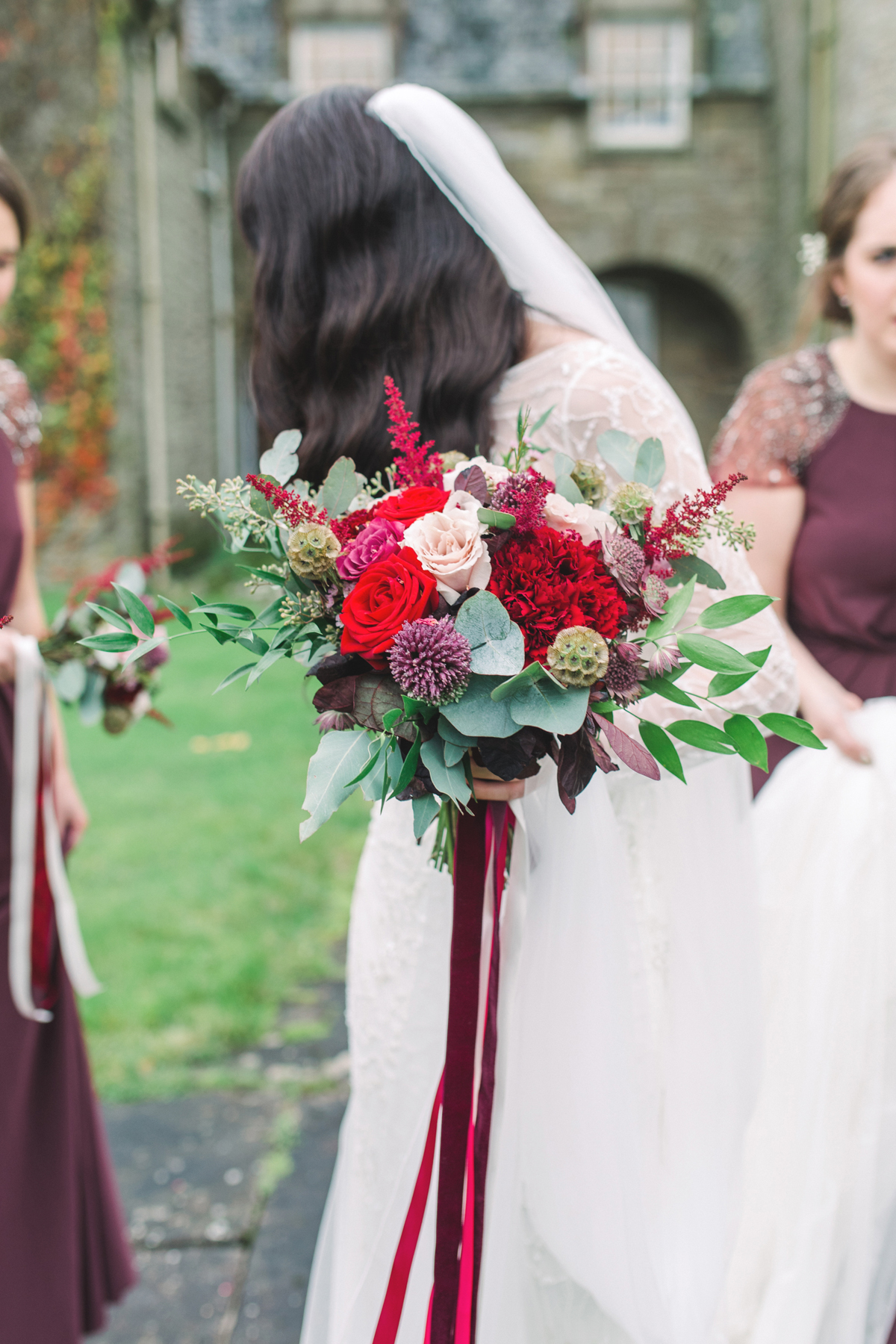 22 Bright red Autumn wedding bouquet with red and burgundy silk ribbons