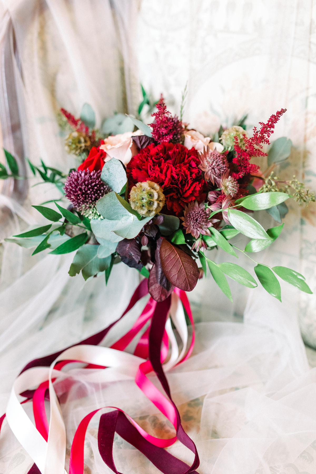 3 Bright read Autumn wedding bouquet with red and burgunday ribbons