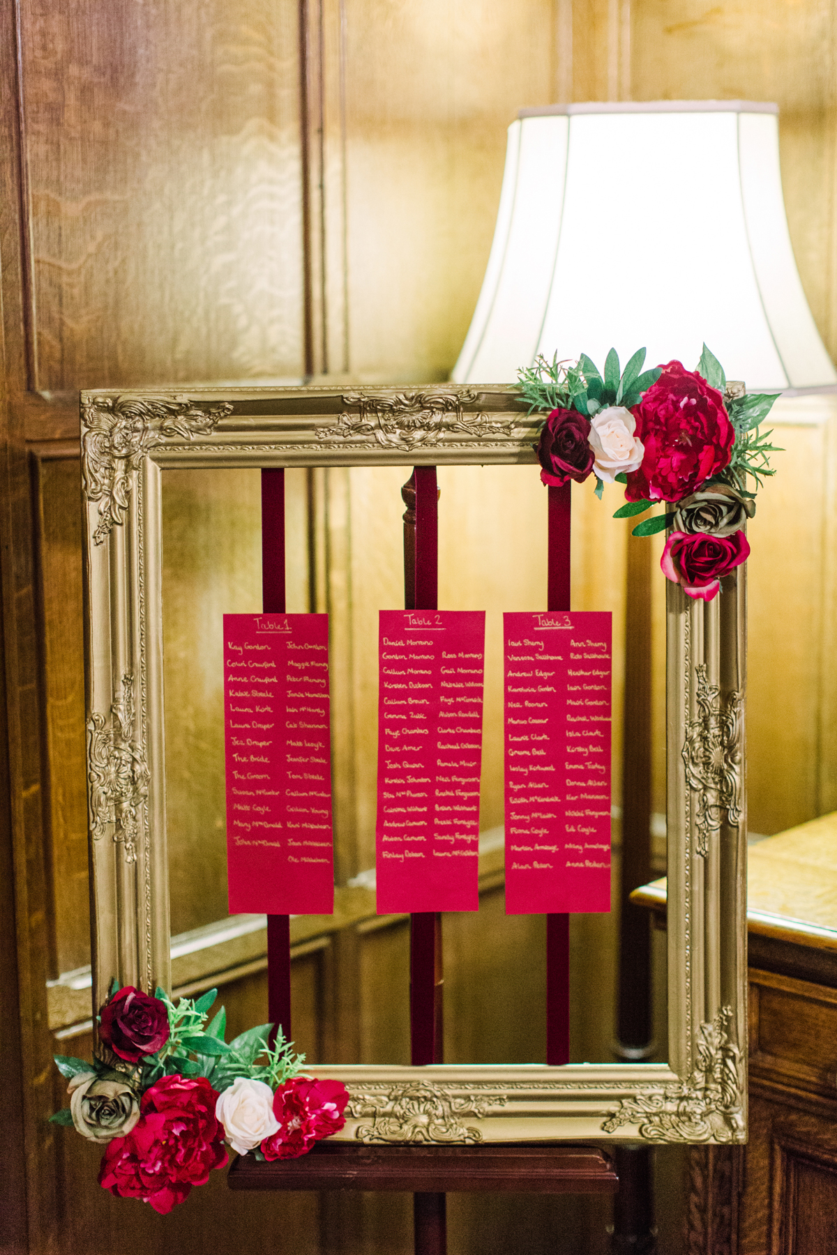 39 Autumn wedding table plan using a picture frame and white lettering on red paper
