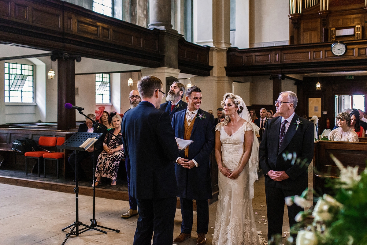 8 Bride in a Sharon Hoey dress and veil over her face - A Sharon Hoey Dress and French Lace Veil for a Glamorous and Elegant City Wedding 8 Bride in a Sharon Hoey dress and veil over her face