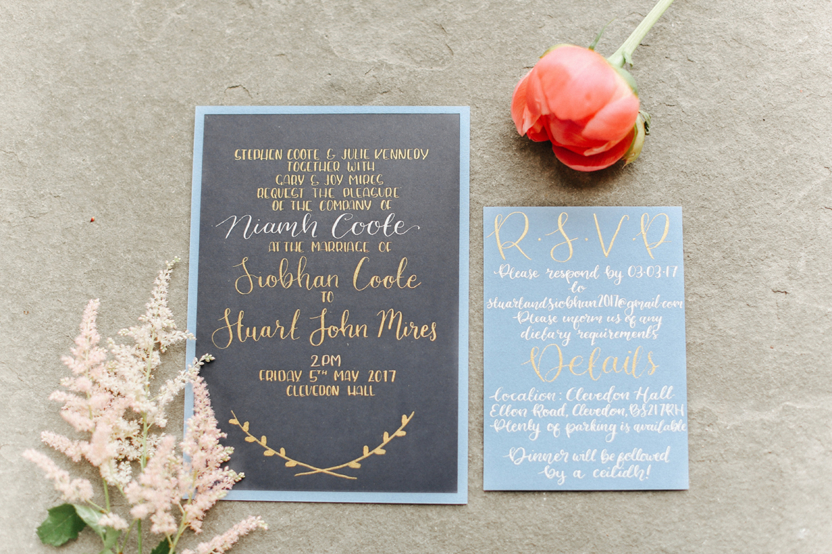 9 Gold ink on blue paper wedding stationery