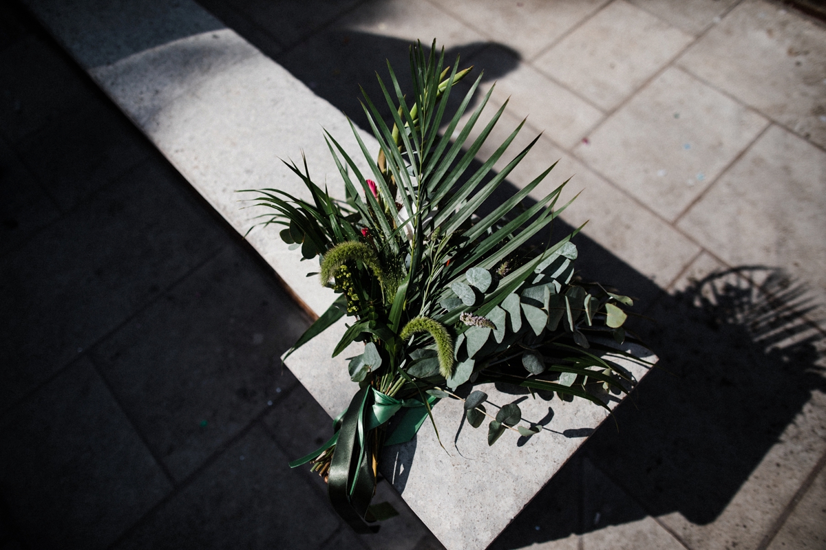 All green tropical inspired wedding bouquet