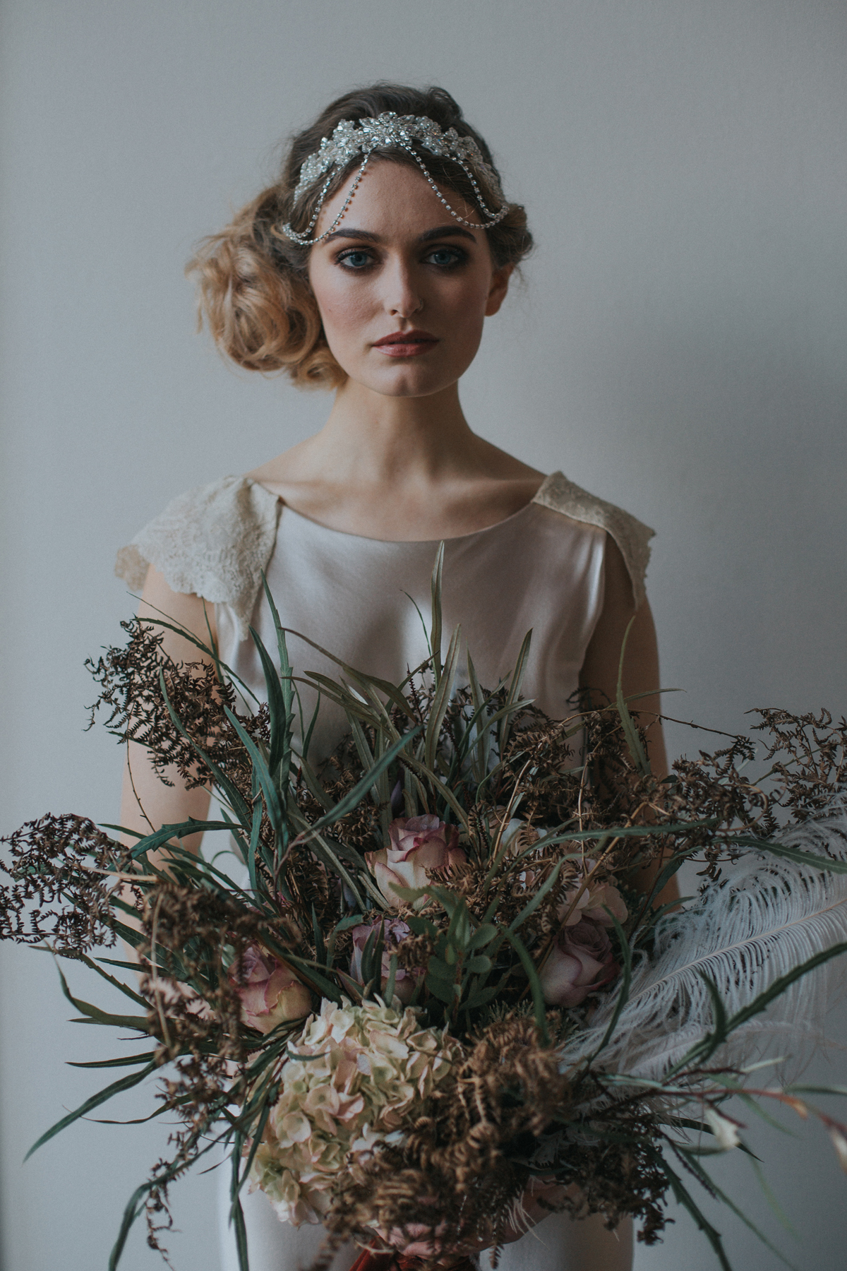 Gatsby inspired dusky pink dried flower and ostrich feather oversized bouquet