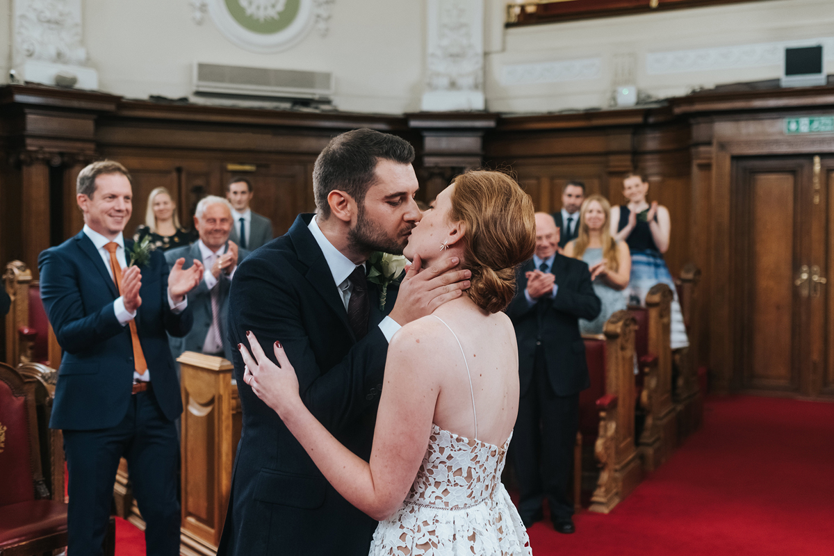 Just married kiss at Islington Town Hall