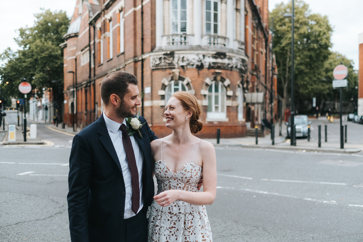 Laidback and modern newlywed couple in London