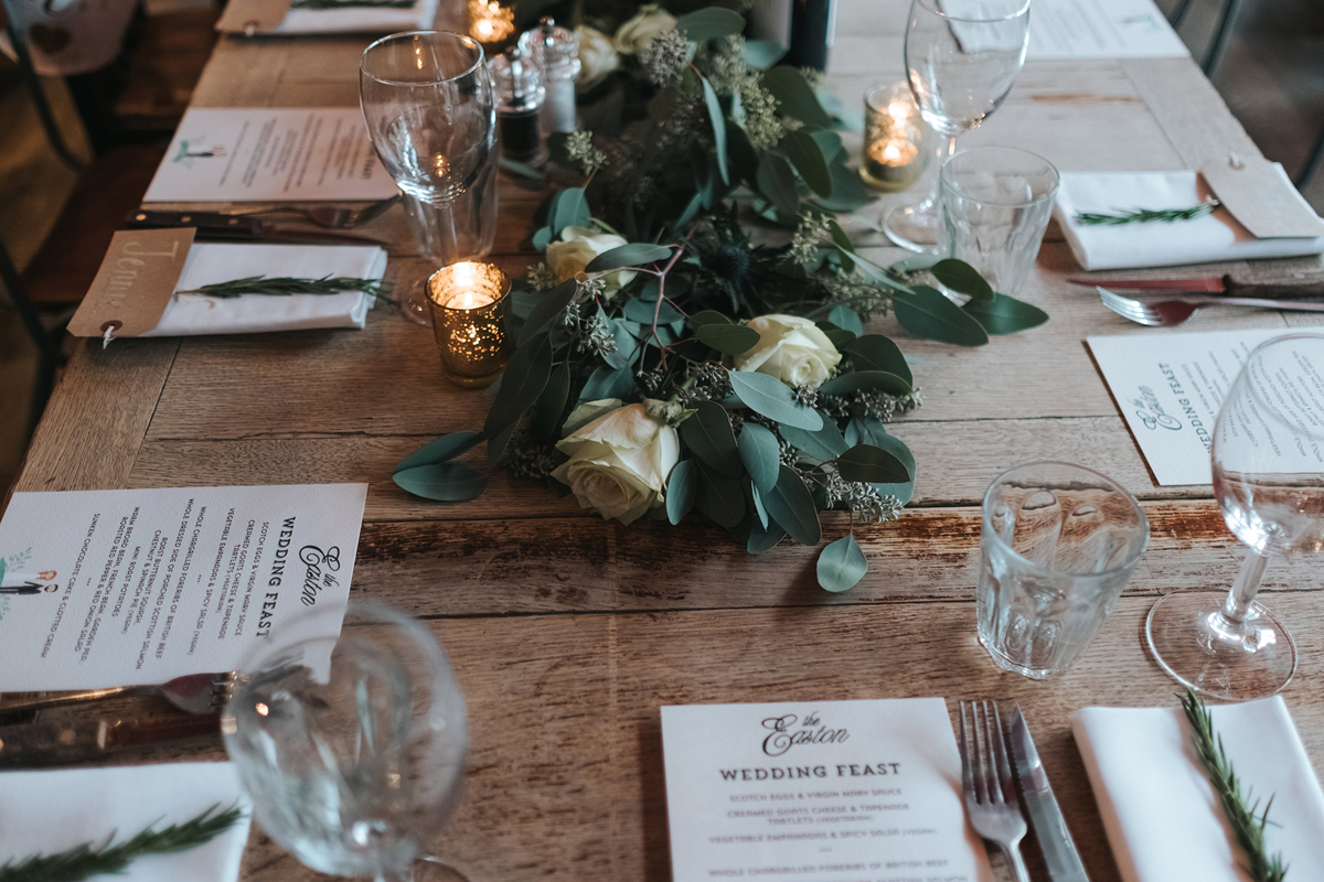 London pub wedding table setting and wedding feast menu