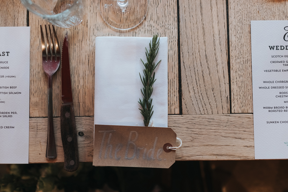 Modern London pub wedding table setting with Rosemary herb