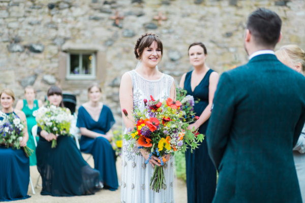 An Art Deco Inspired Beaded Dress for a Colourful Scottish Barn Wedding