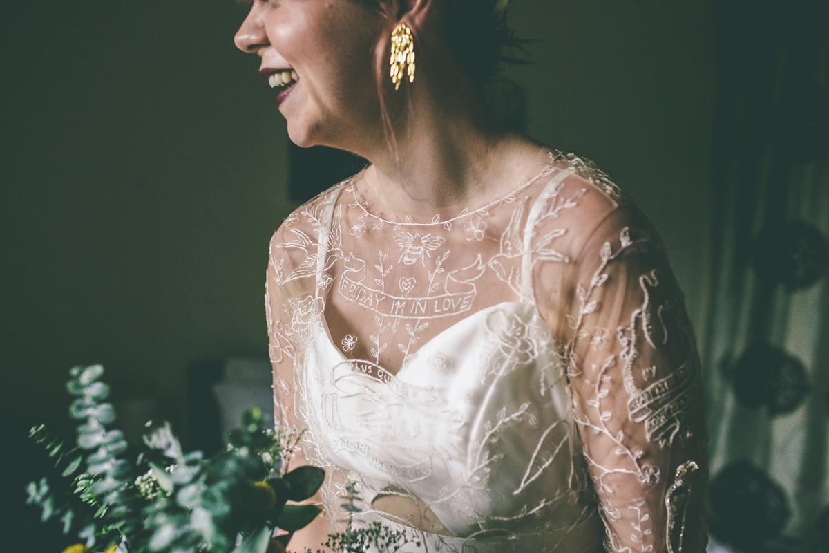 15 A bride in a selfmade jumpsuit for her industrial warehouse wedding in Manchester