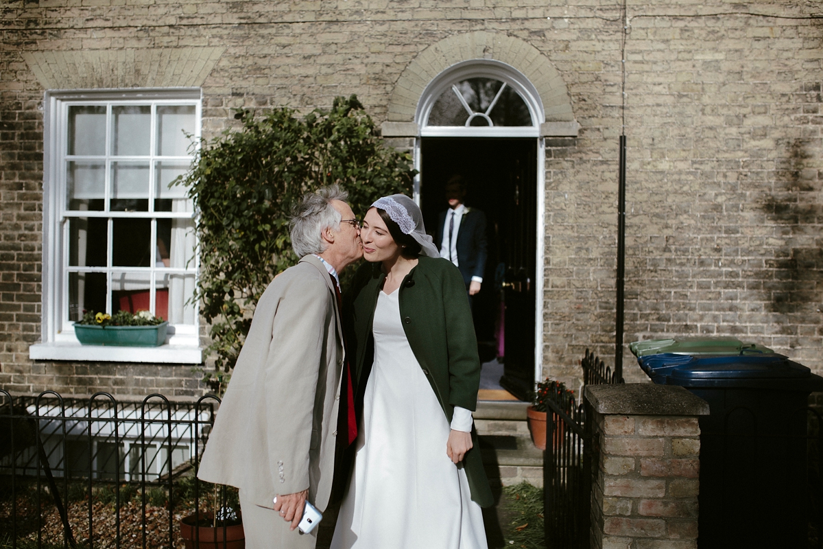 24 A bespoke long sleeved dress and vintage Whistles coat for an effotlessly elegant Cambridge wedding
