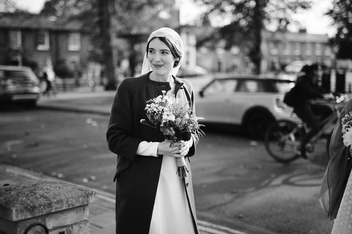 25 A bespoke long sleeved dress and vintage Whistles coat for an effotlessly elegant Cambridge wedding