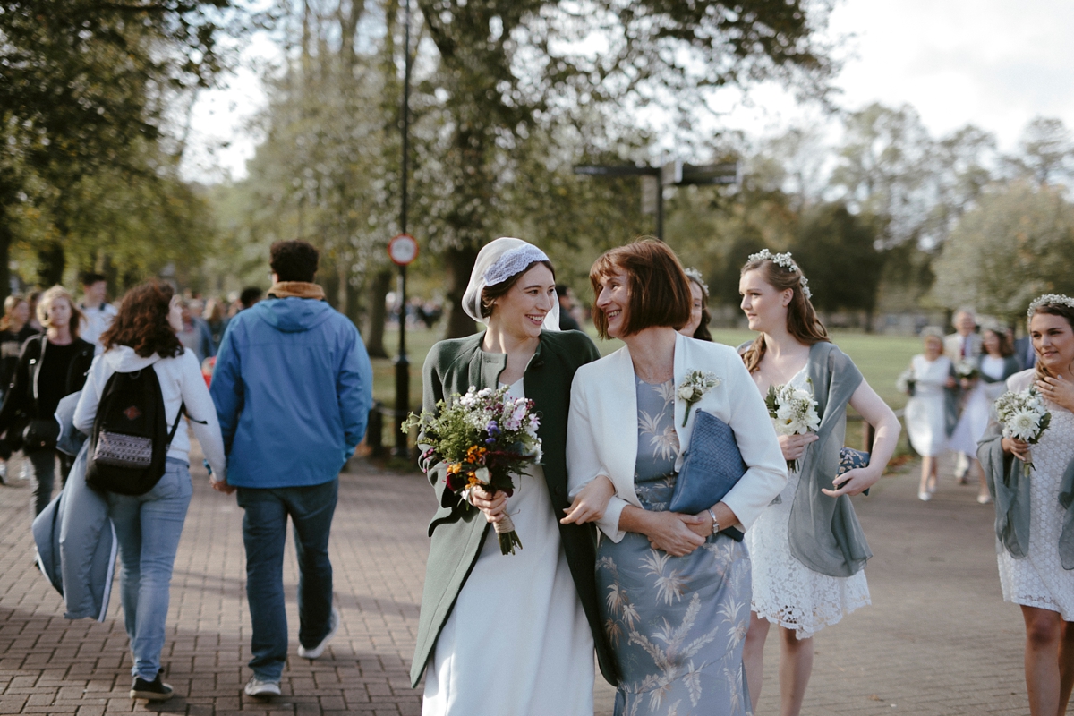 27 A bespoke long sleeved dress and vintage Whistles coat for an effotlessly elegant Cambridge wedding