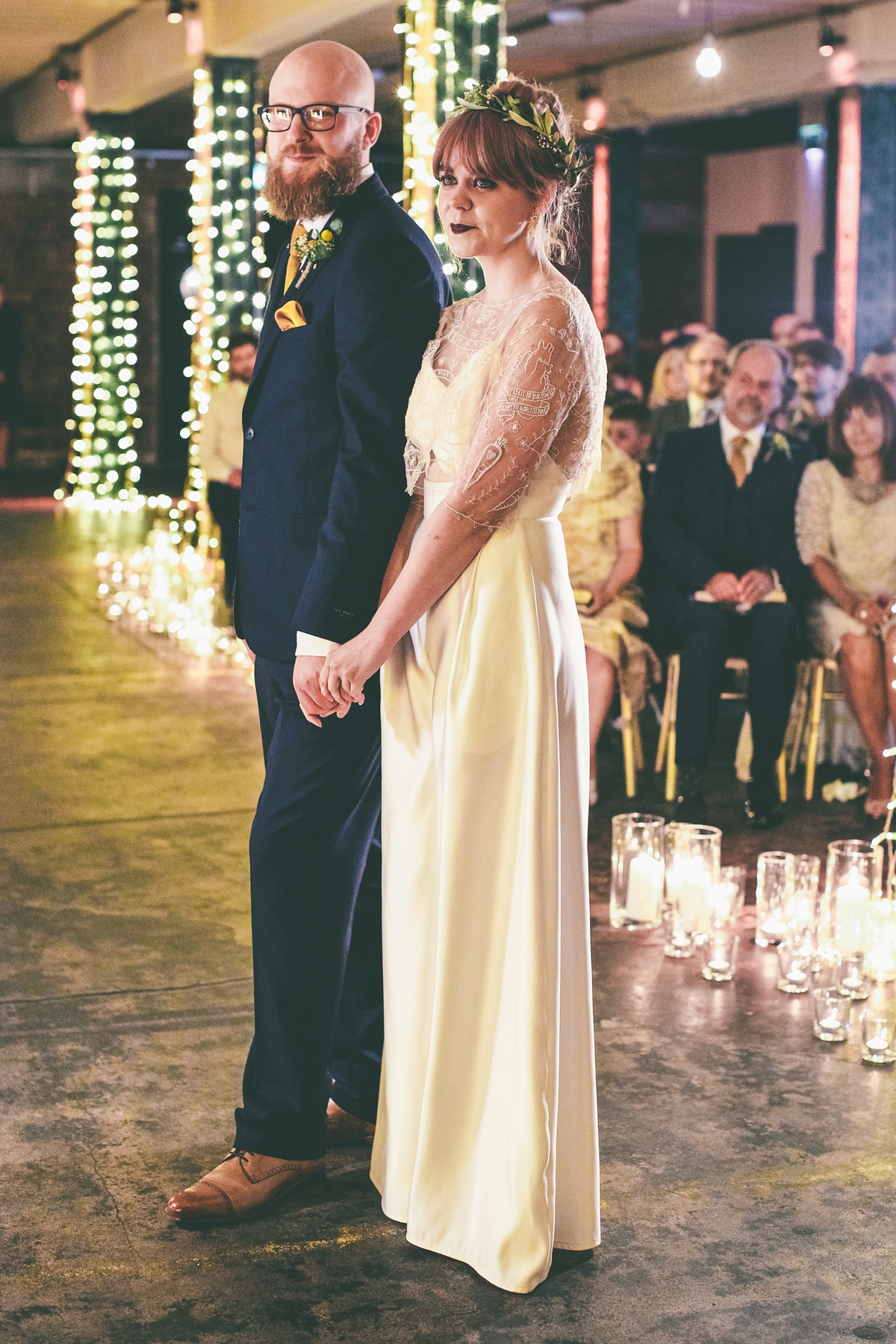 27 A bride in a selfmade jumpsuit for her industrial warehouse wedding in Manchester