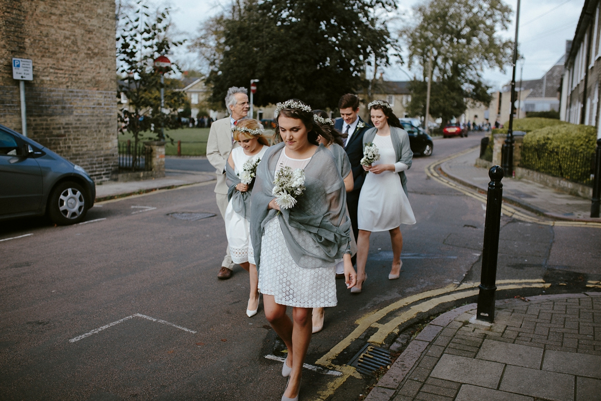 28 A bespoke long sleeved dress and vintage Whistles coat for an effotlessly elegant Cambridge wedding