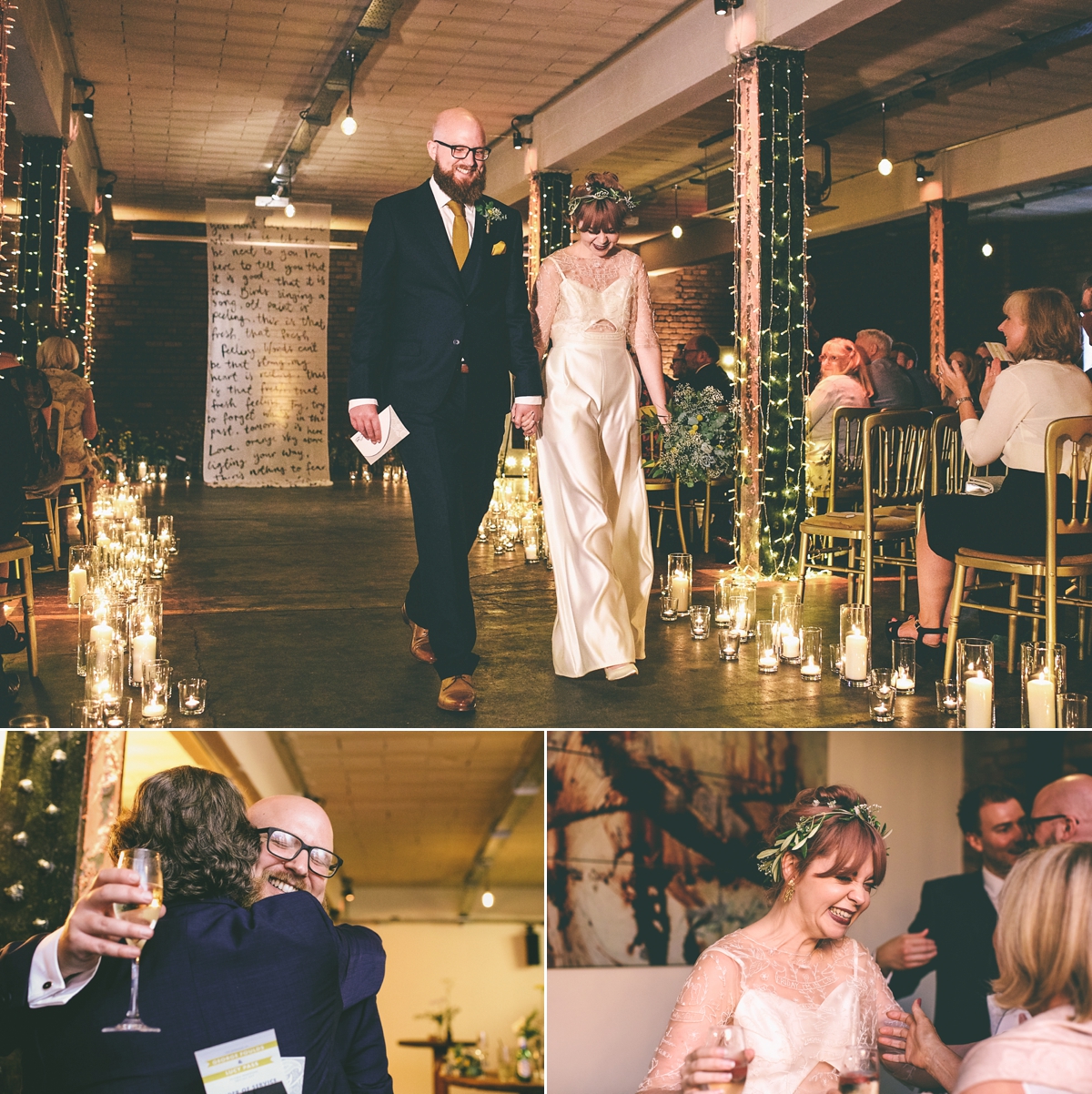 29 A bride in a selfmade jumpsuit for her industrial warehouse wedding in Manchester