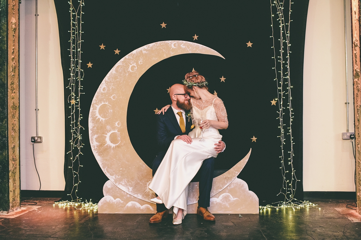 31 A bride in a selfmade jumpsuit for her industrial warehouse wedding in Manchester