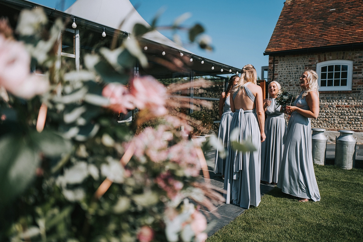 31 Paloma de Blanca dress copper peach and grey barn wedding