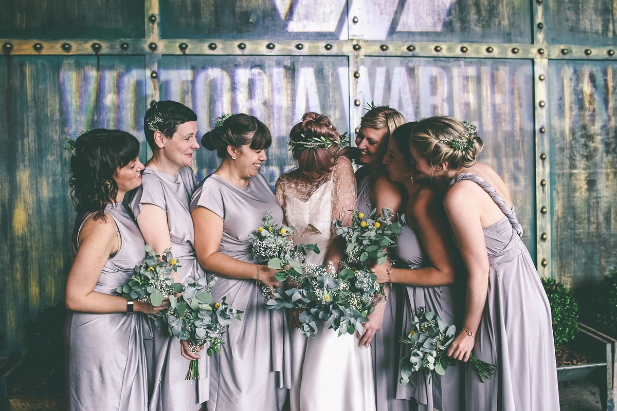 32 A bride in a selfmade jumpsuit for her industrial warehouse wedding in Manchester