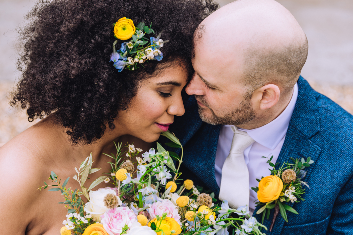 48 Floral wedding dress and blue and yellow wedding decor inspriation