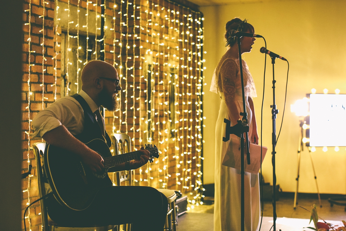 58 A bride in a selfmade jumpsuit for her industrial warehouse wedding in Manchester