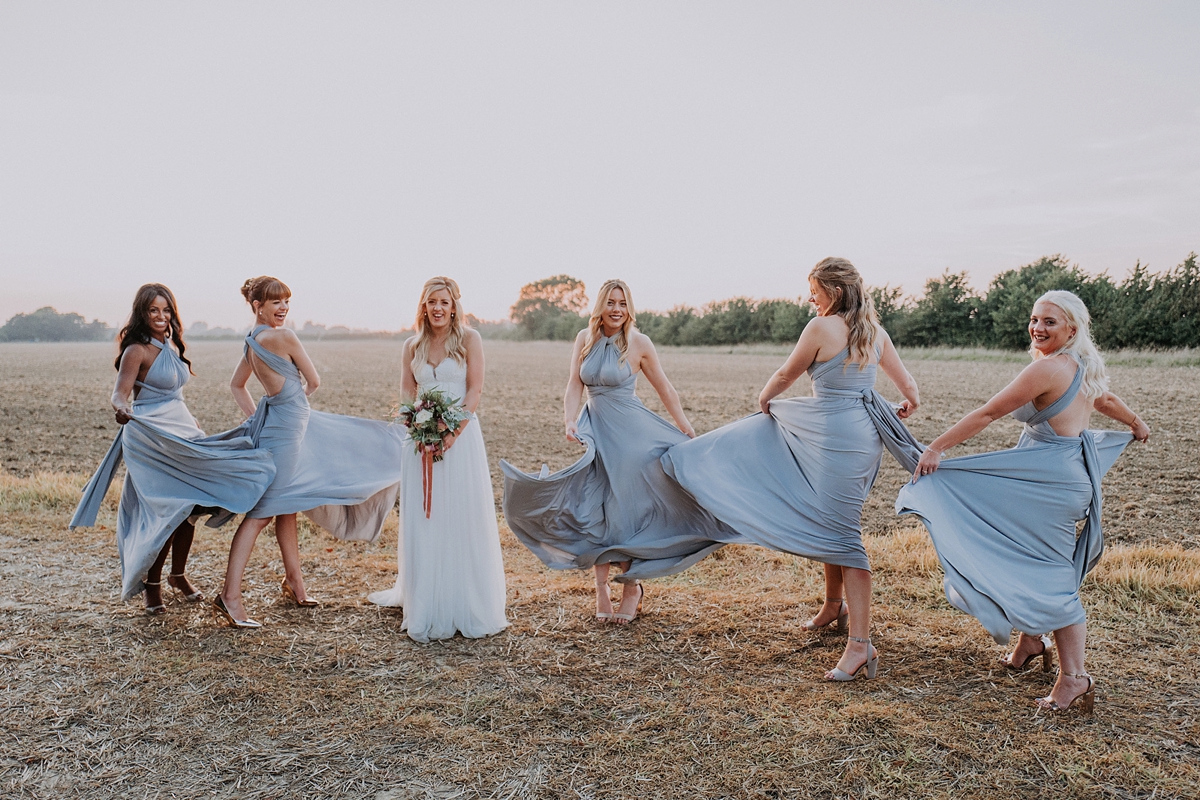 8 Paloma de Blanca dress copper peach and grey barn wedding