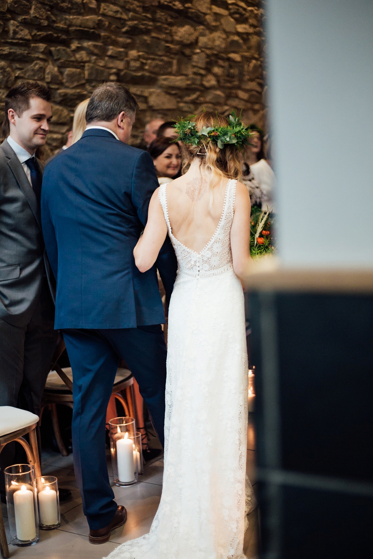 27 A Rembo Styling gown and leather jacket for a winter barn wedding in Cornwall