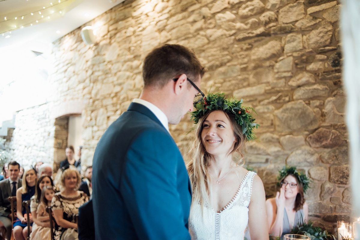 29 A Rembo Styling gown and leather jacket for a winter barn wedding in Cornwall