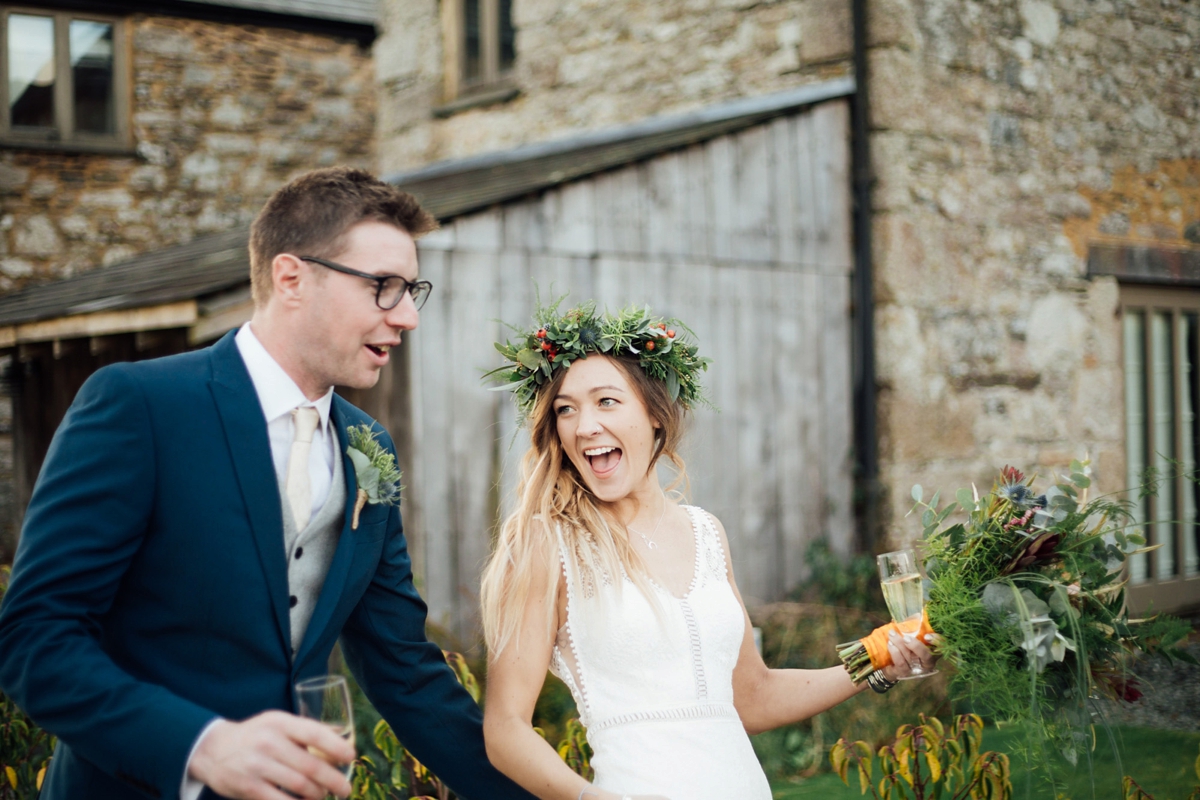 35 A Rembo Styling gown and leather jacket for a winter barn wedding in Cornwall