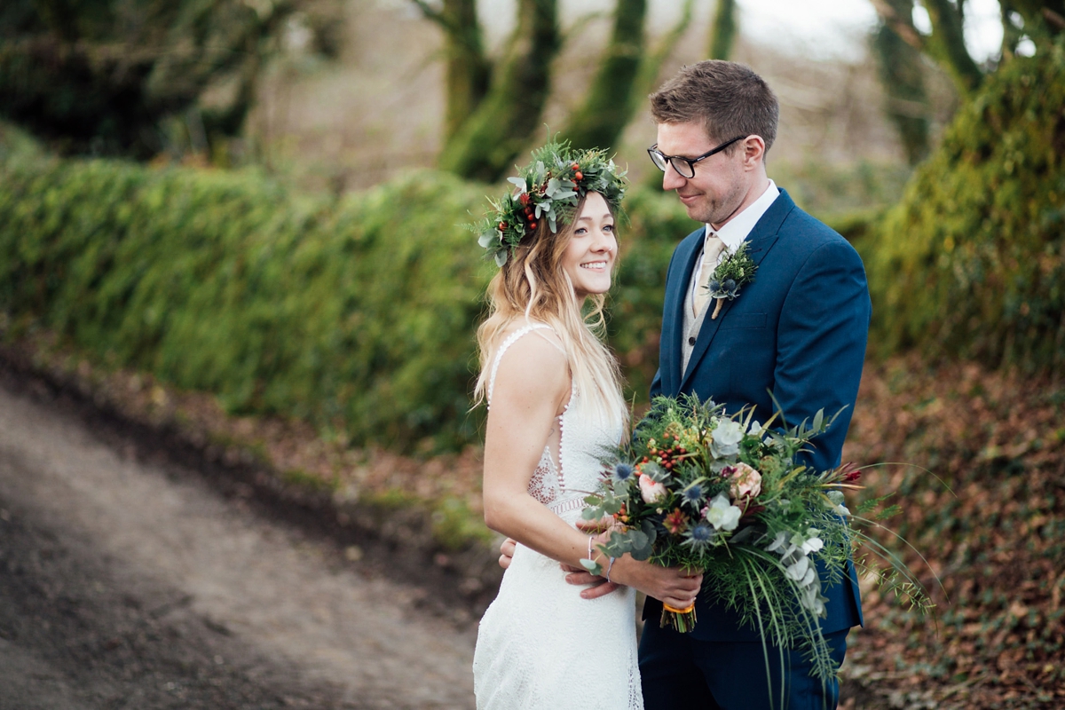 36 A Rembo Styling gown and leather jacket for a winter barn wedding in Cornwall