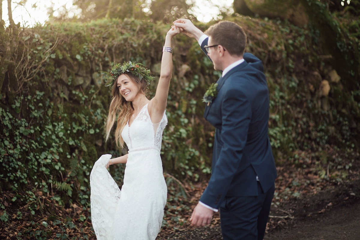 37 A Rembo Styling gown and leather jacket for a winter barn wedding in Cornwall