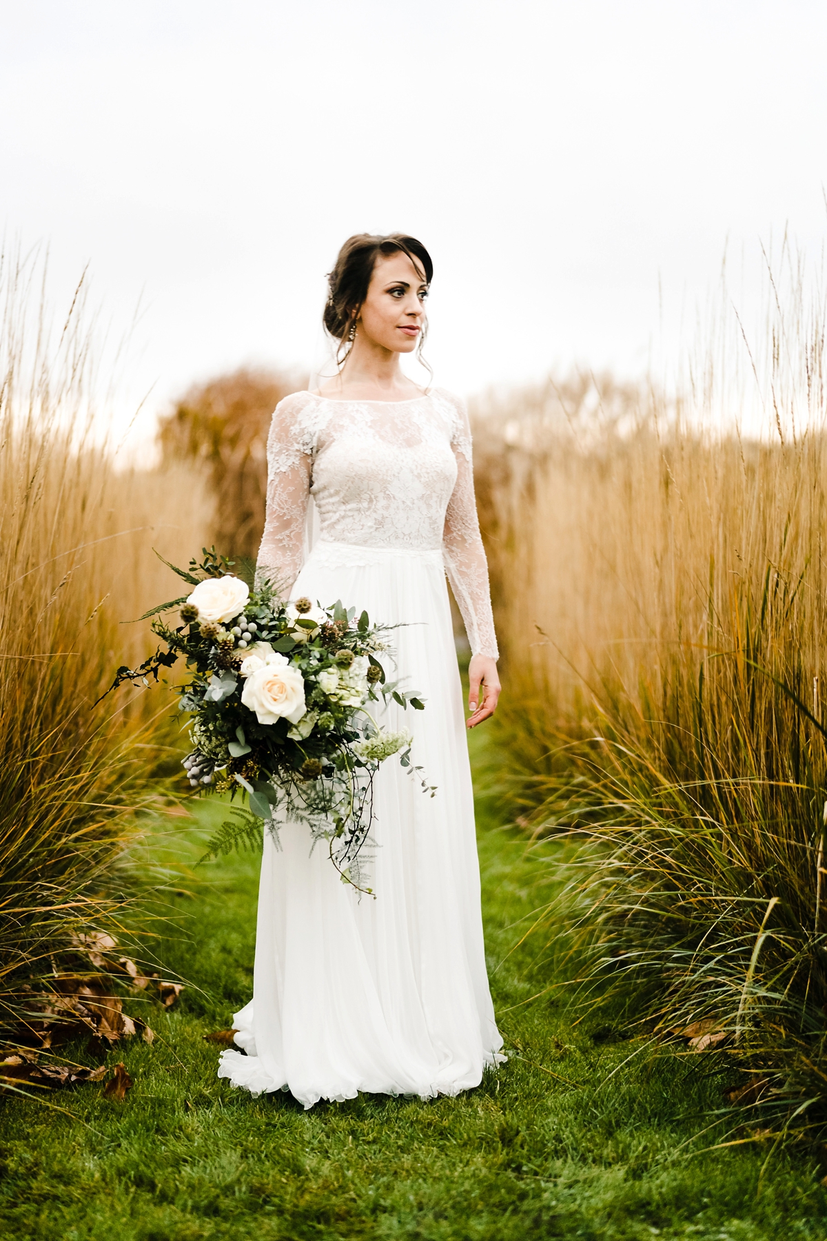 39 An Anna Kara dress for a winter barn wedding in greens and neutrals